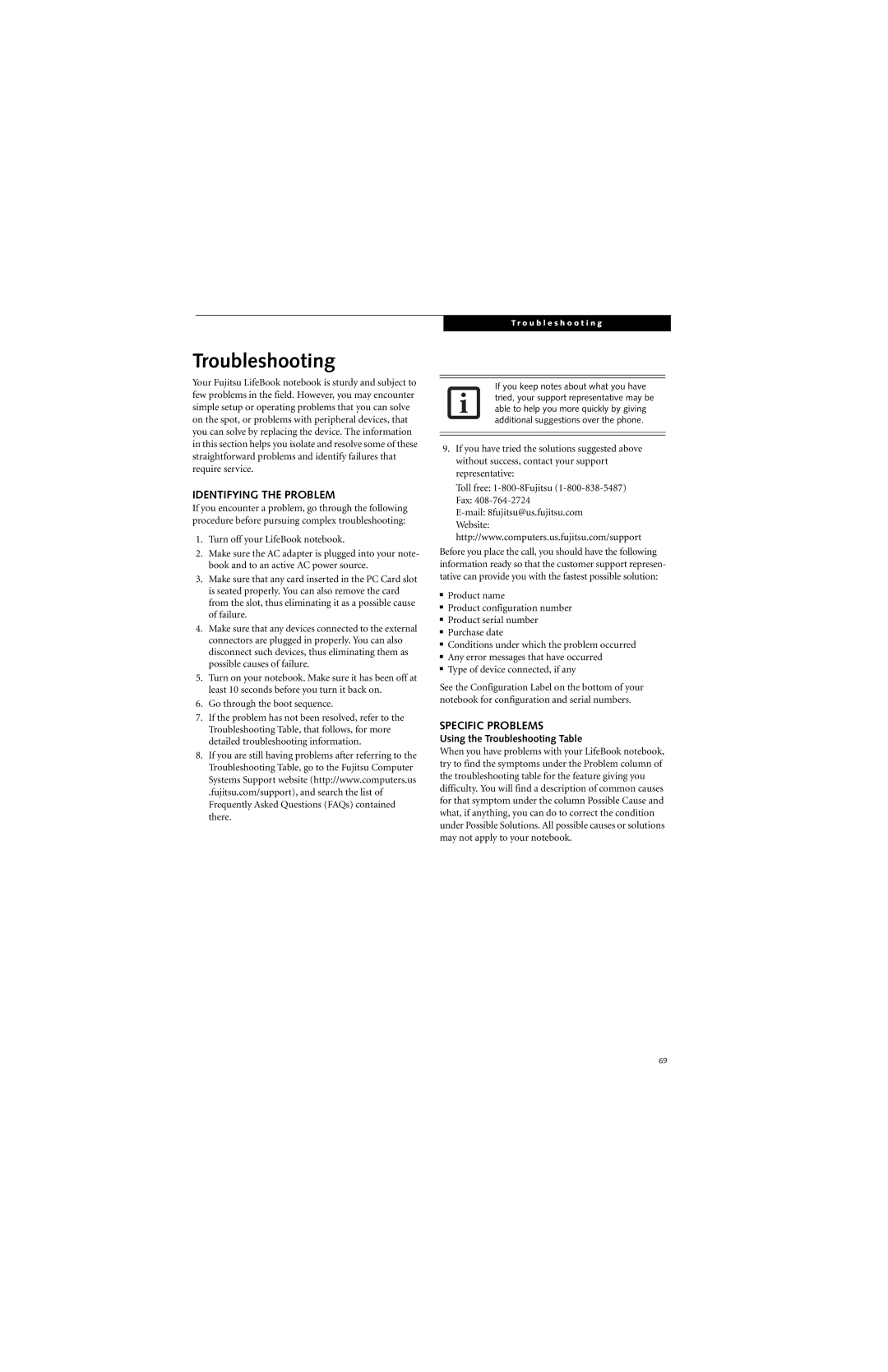 Fujitsu P7230 manual Identifying the Problem, Specific Problems, Using the Troubleshooting Table 