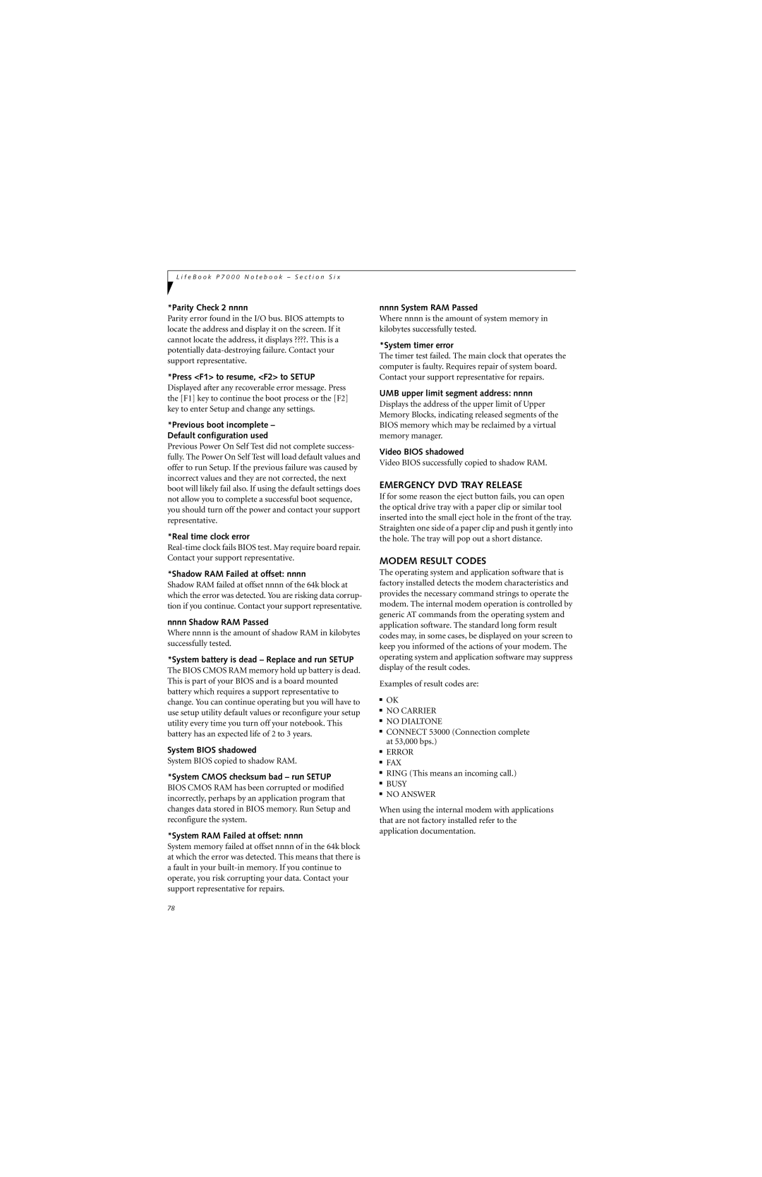 Fujitsu P7230 manual Emergency DVD Tray Release, Modem Result Codes 