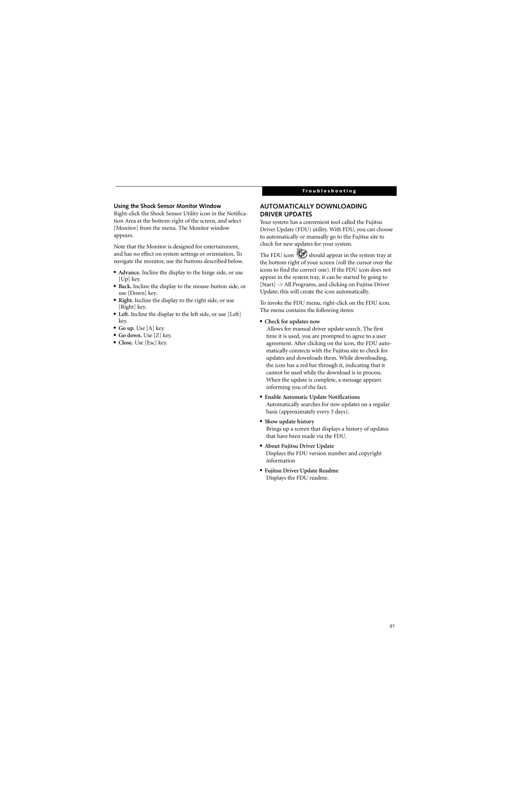 Fujitsu P7230 manual Automatically Downloading Driver Updates, Using the Shock Sensor Monitor Window, Check for updates now 