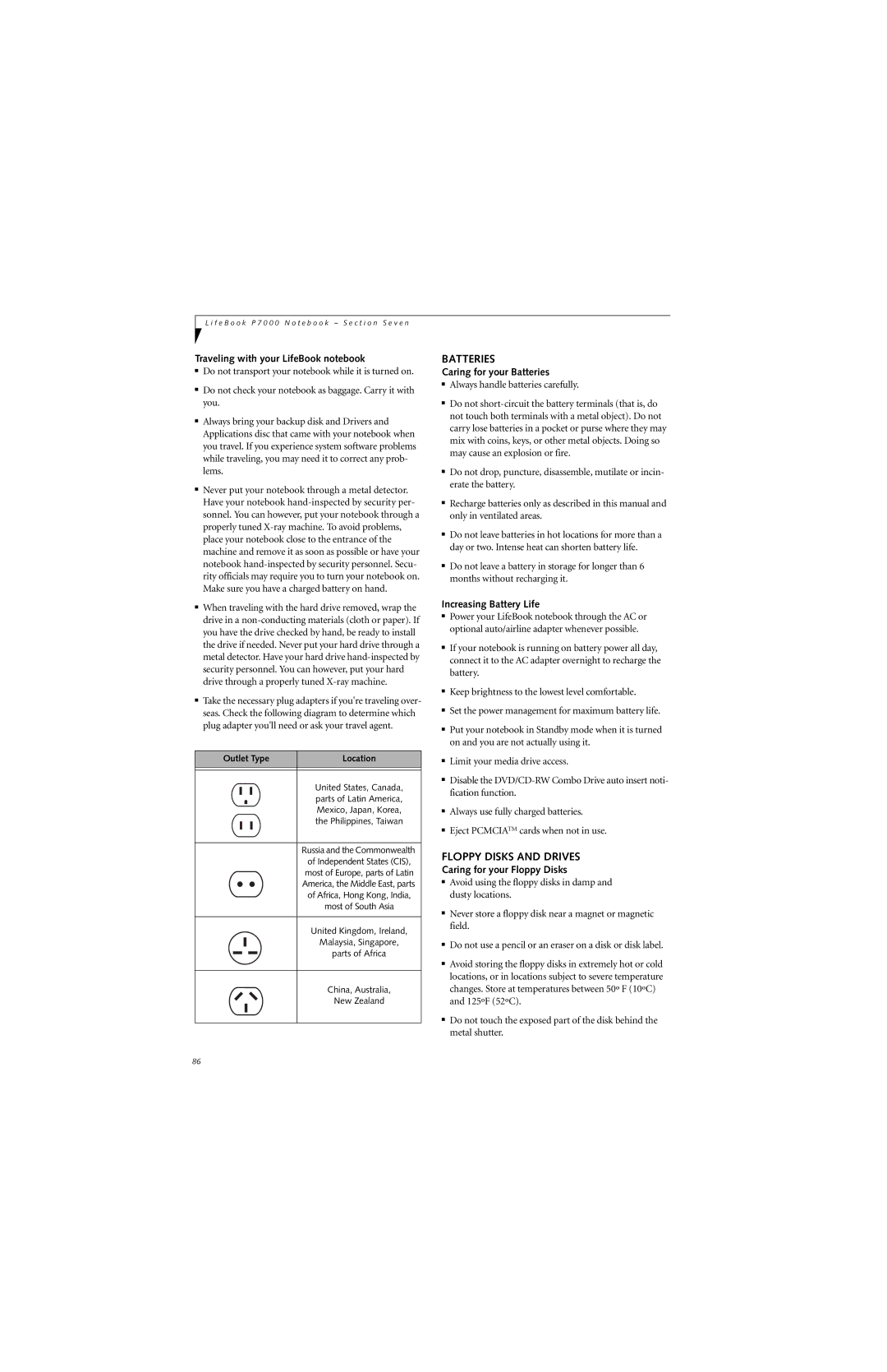 Fujitsu P7230 manual Batteries, Floppy Disks and Drives 