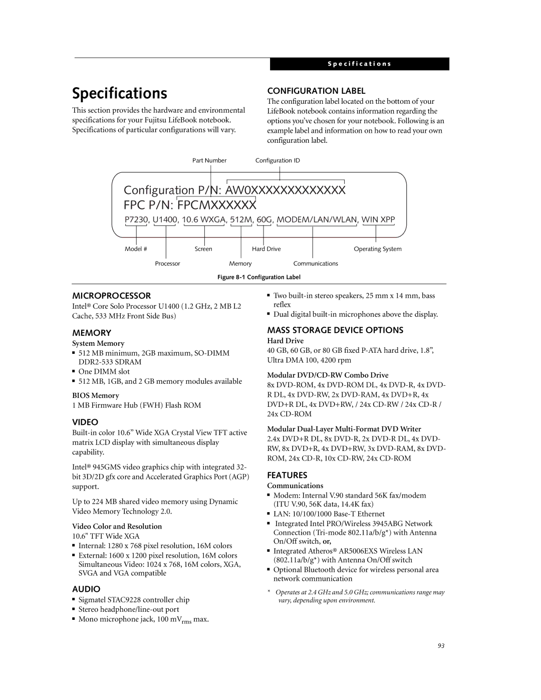 Fujitsu P7230 manual Specifications 