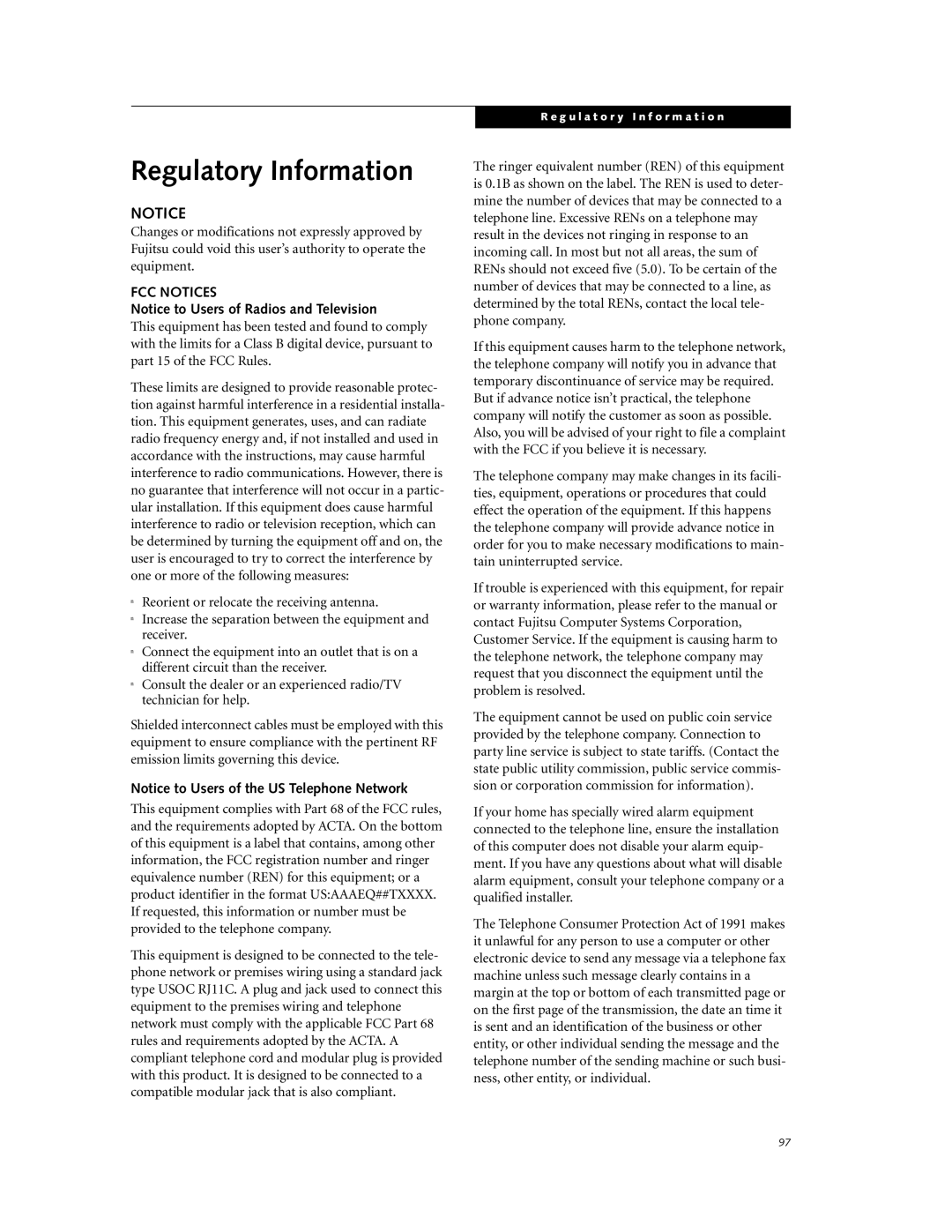 Fujitsu P7230 manual Regulatory Information, FCC Notices 