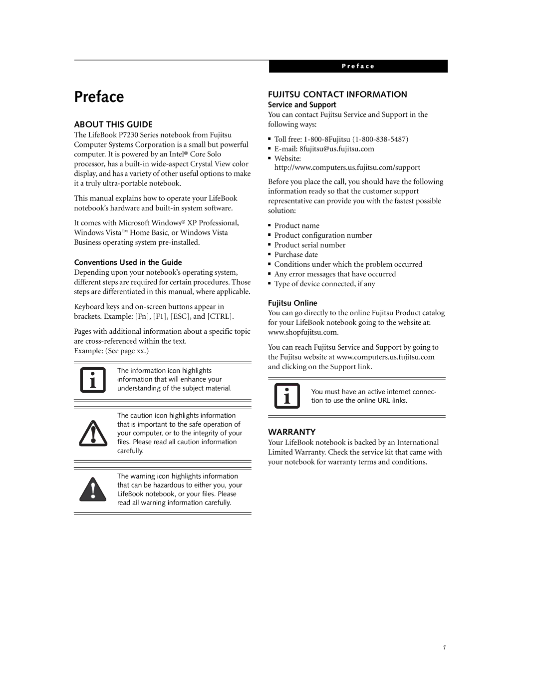 Fujitsu P7230 manual Preface, About this Guide, Fujitsu Contact Information, Warranty 