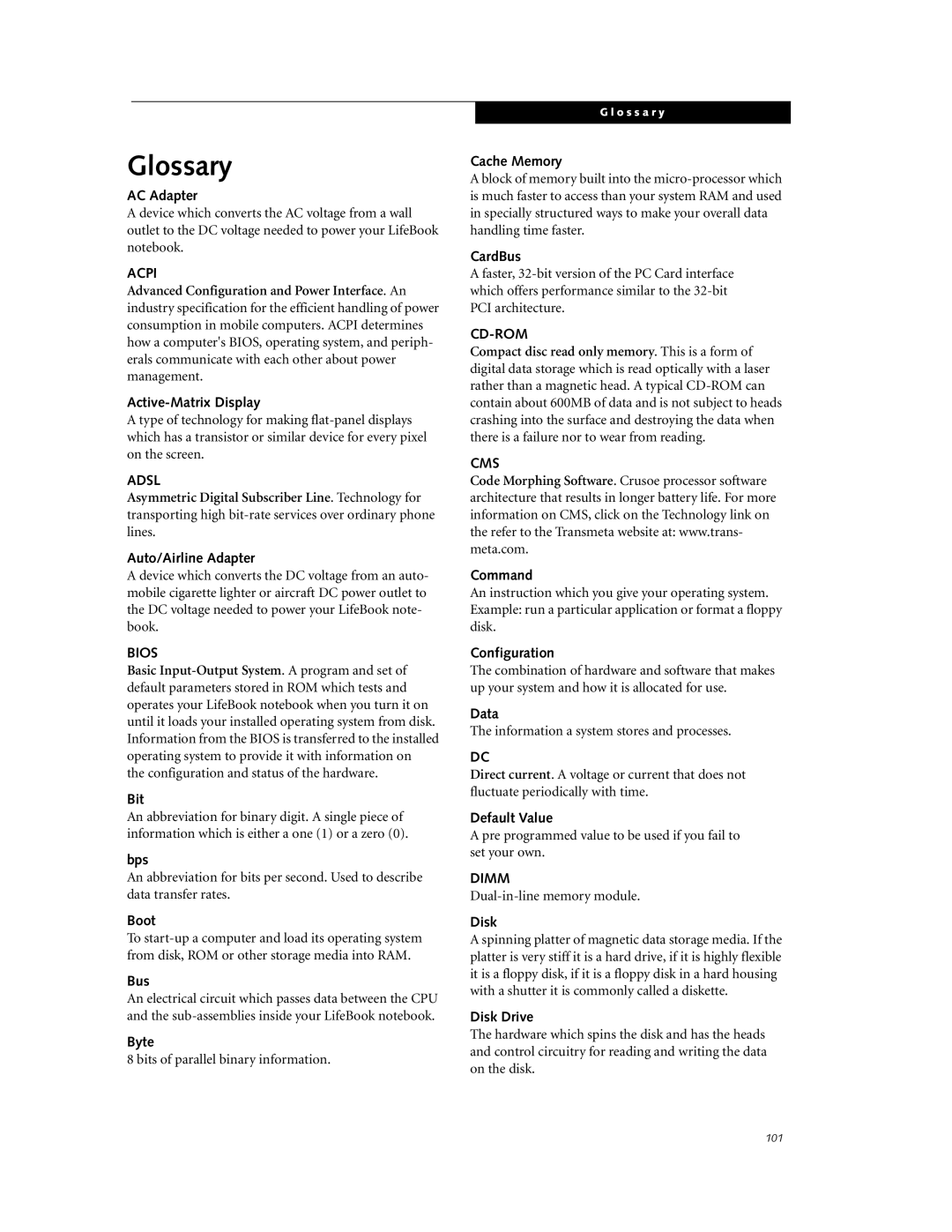 Fujitsu P7230 manual Glossary 