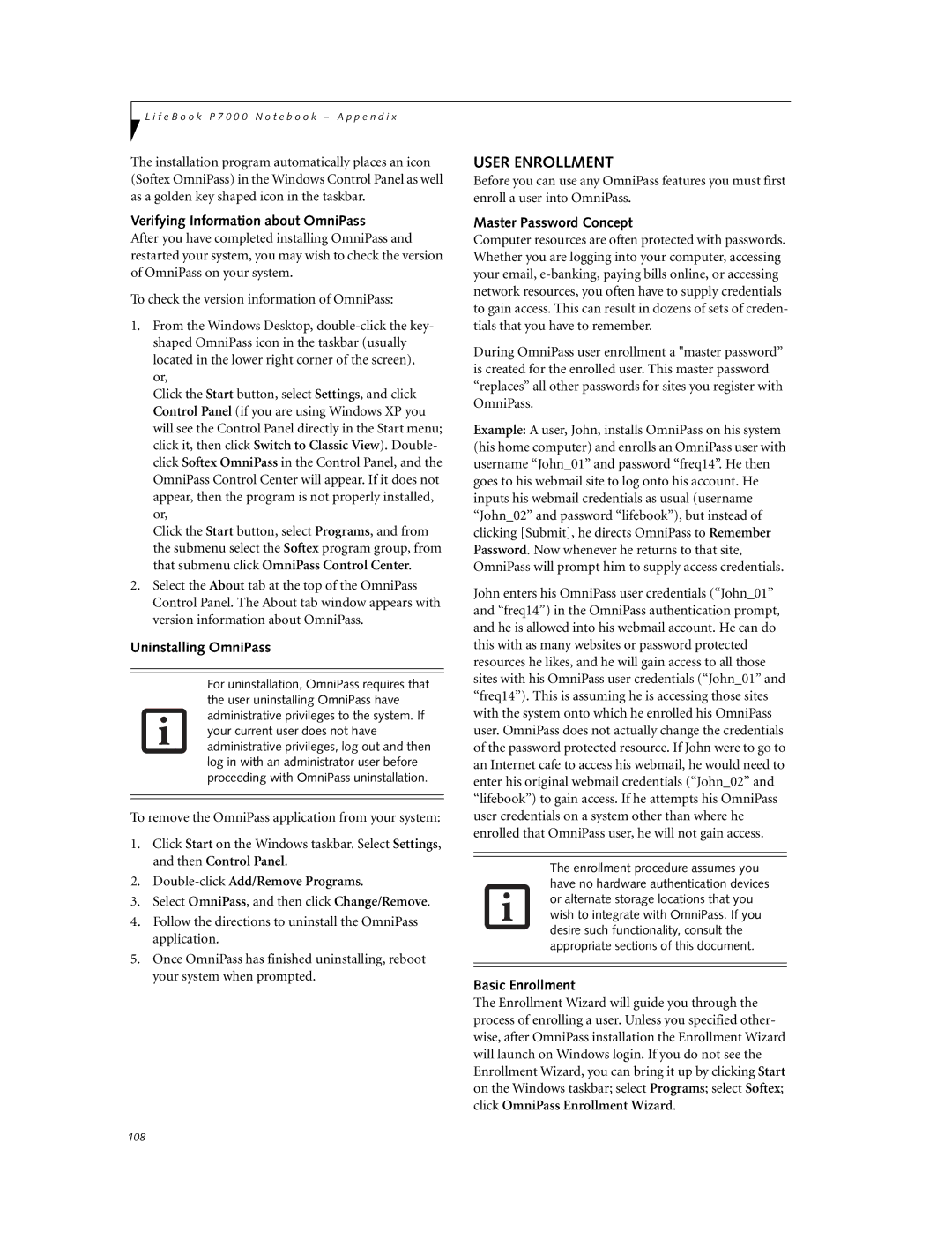 Fujitsu P7230 manual User Enrollment, Verifying Information about OmniPass, Uninstalling OmniPass, Master Password Concept 