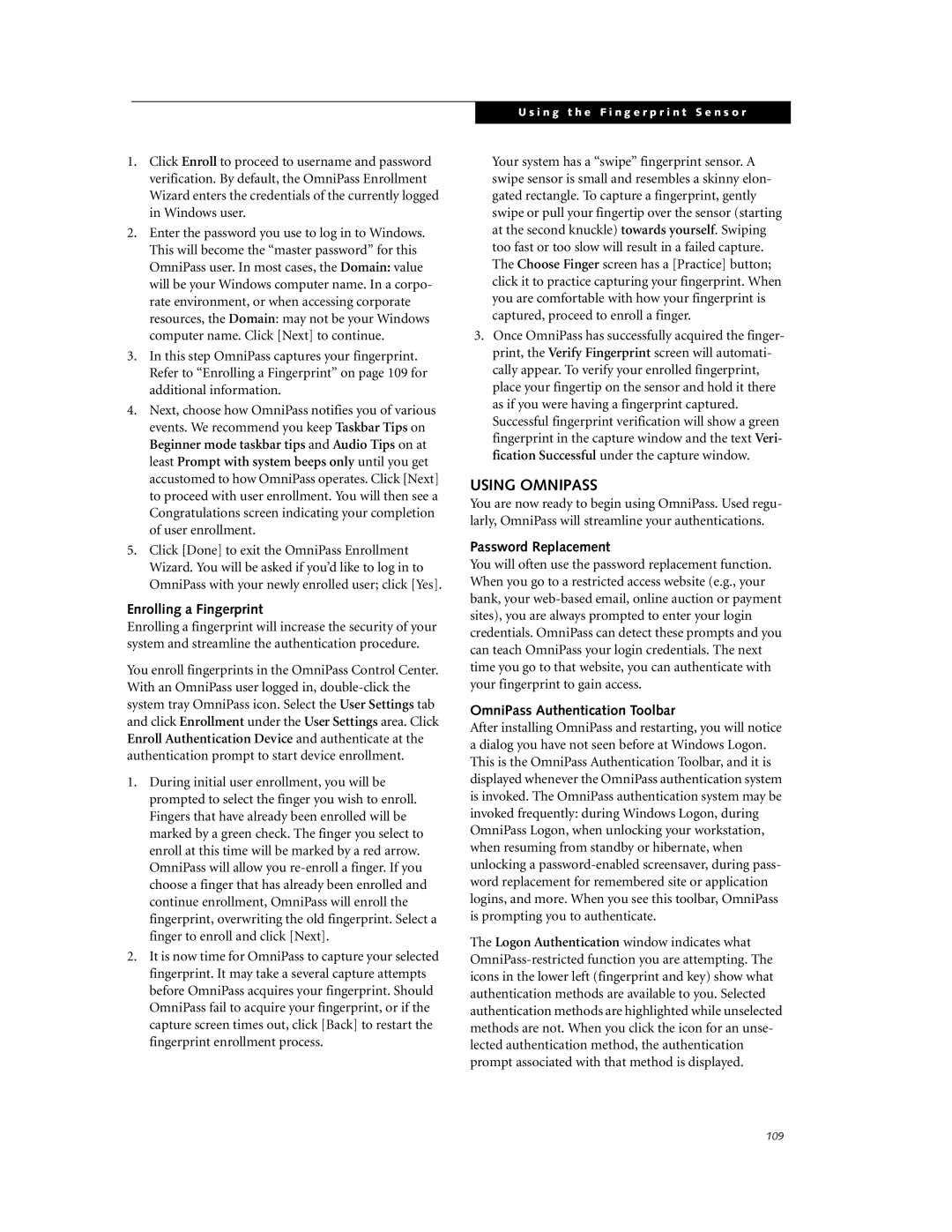 Fujitsu P7230 manual Using Omnipass, Enrolling a Fingerprint, Password Replacement, OmniPass Authentication Toolbar 
