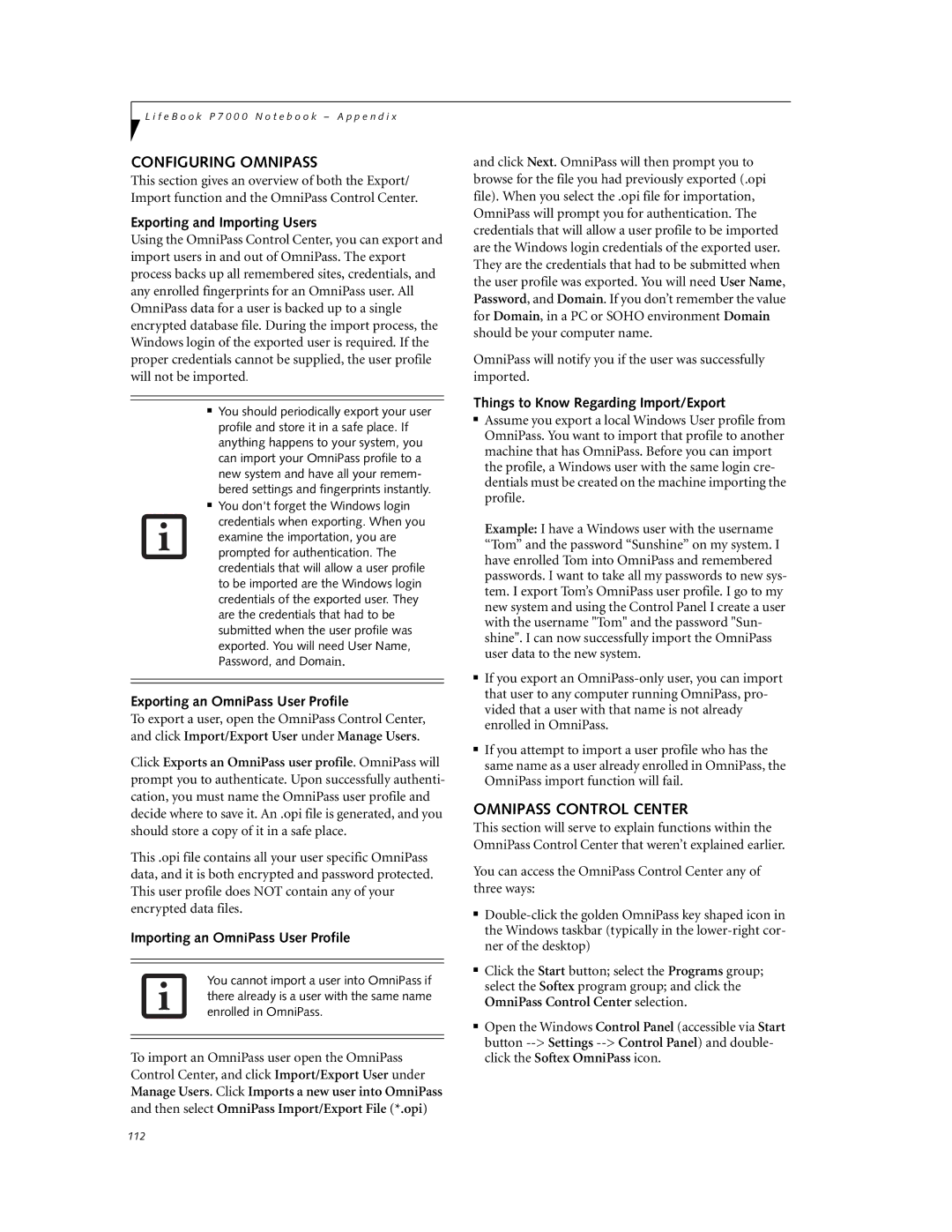 Fujitsu P7230 manual Configuring Omnipass, Omnipass Control Center 