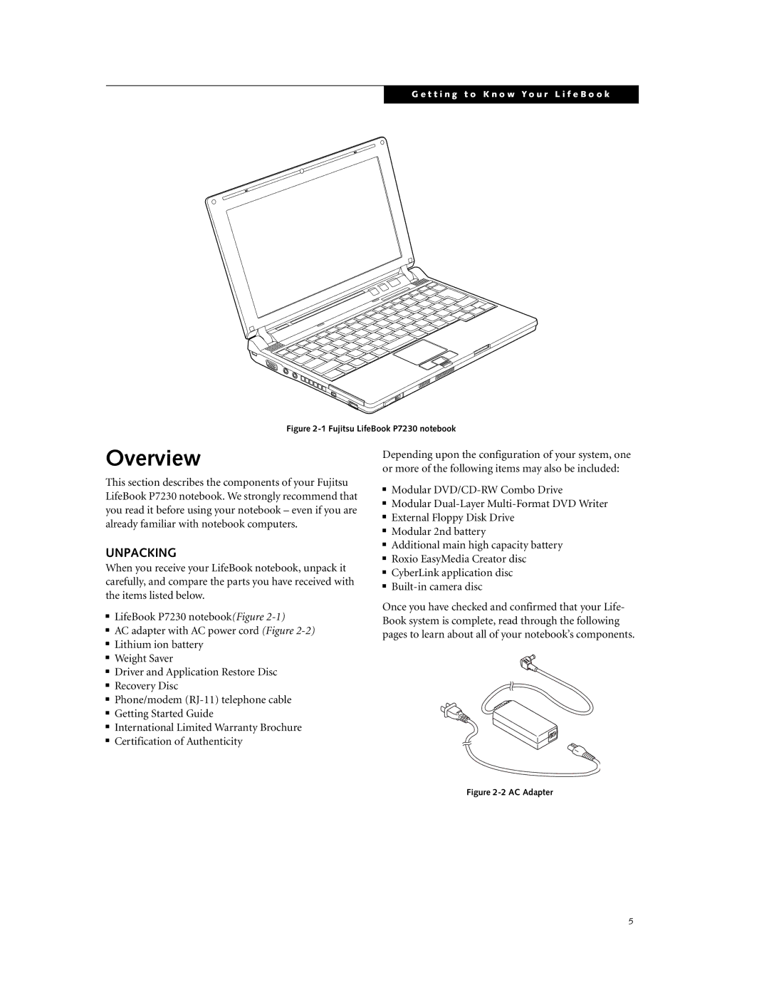 Fujitsu P7230 manual Overview, Unpacking 