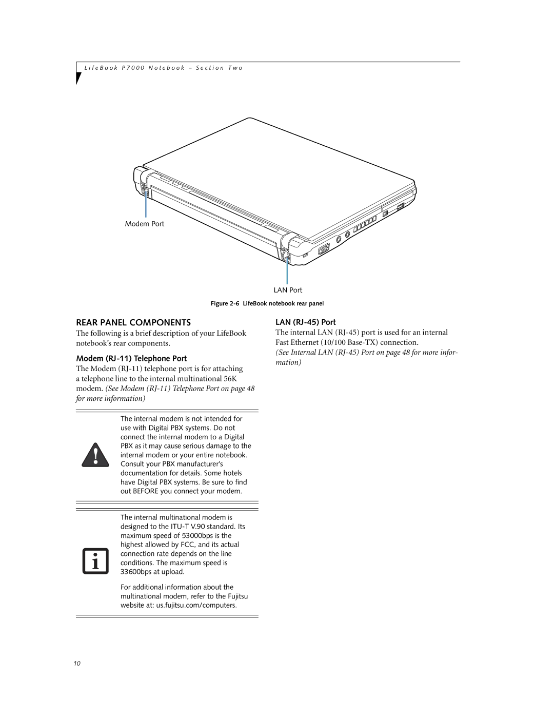 Fujitsu P7230 manual Rear Panel Components, Modem RJ-11 Telephone Port, LAN RJ-45 Port 