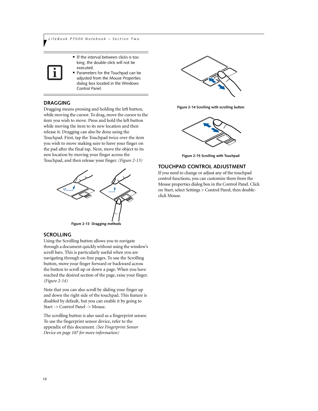 Fujitsu P7230 manual Dragging, Scrolling, Touchpad Control Adjustment 