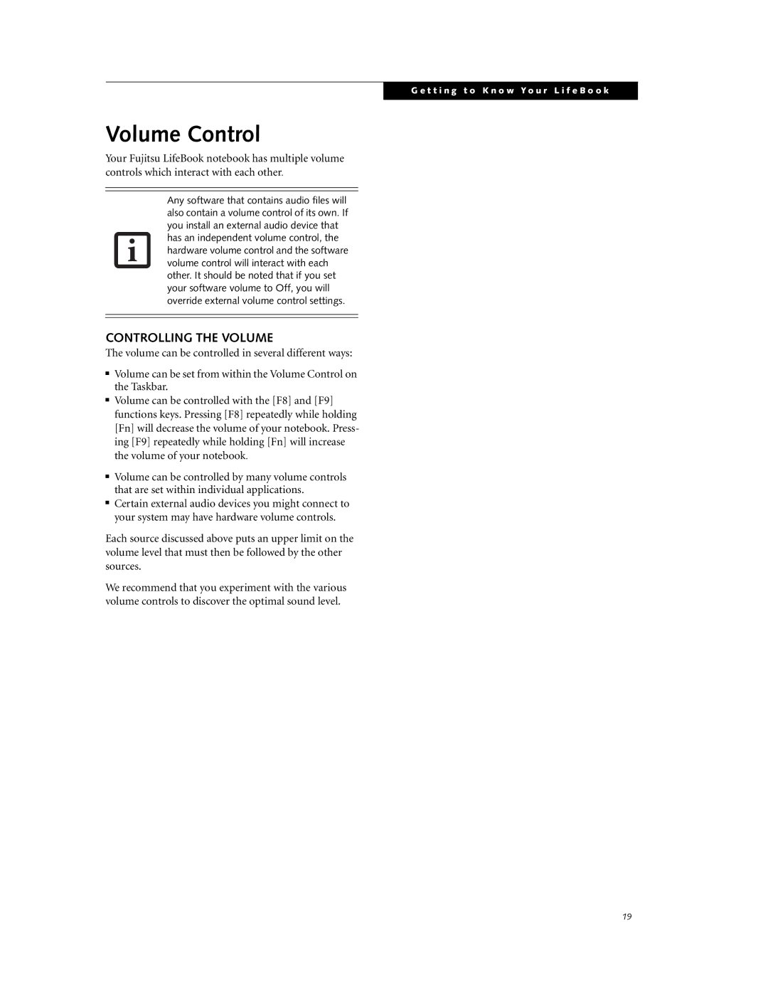 Fujitsu P7230 manual Volume Control, Controlling the Volume 