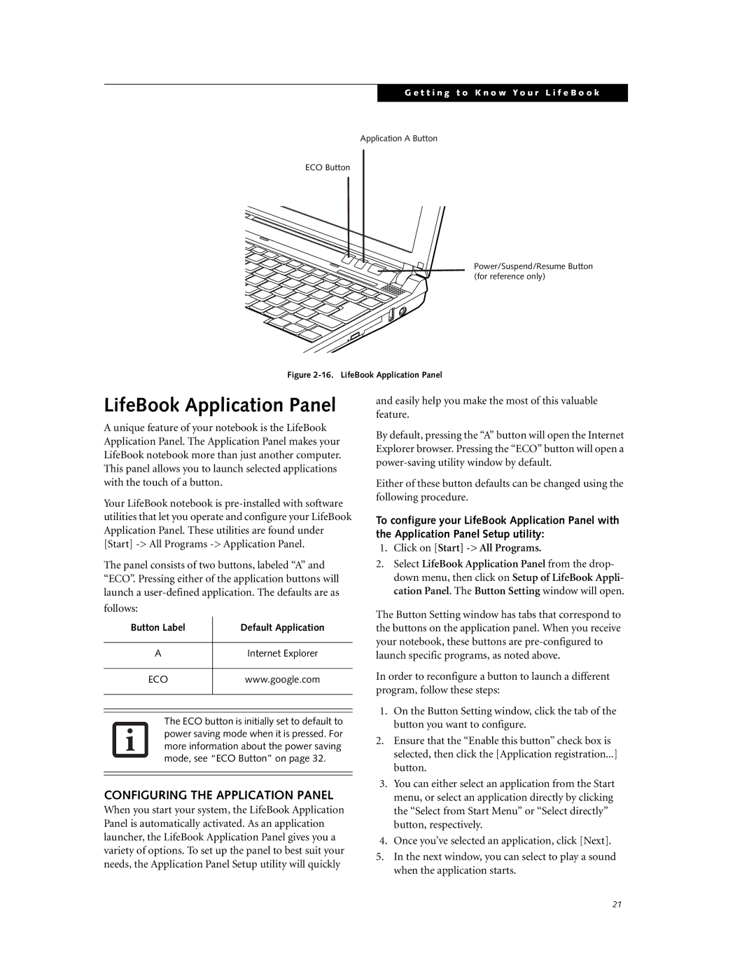 Fujitsu P7230 manual Configuring the Application Panel, Follows, Click on Start All Programs 