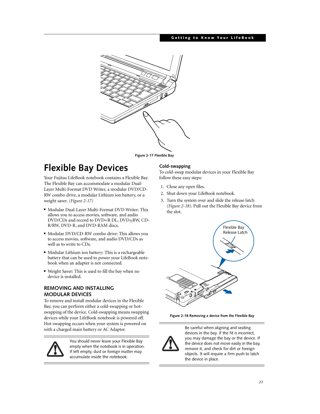 Fujitsu P7230 manual Flexible Bay Devices, Removing and Installing Modular Devices, Cold-swapping 