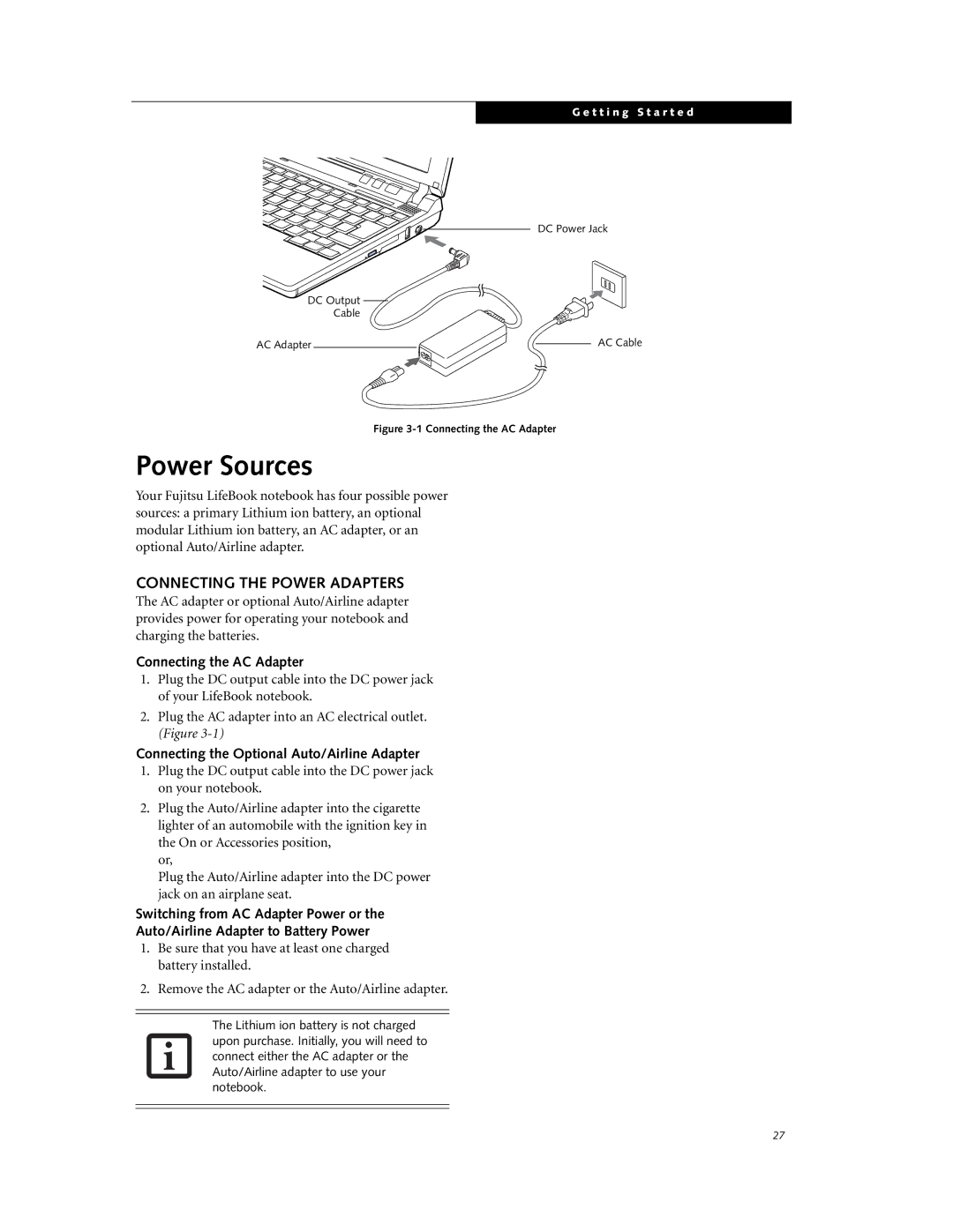 Fujitsu P7230 manual Power Sources, Connecting the Power Adapters, Connecting the AC Adapter 