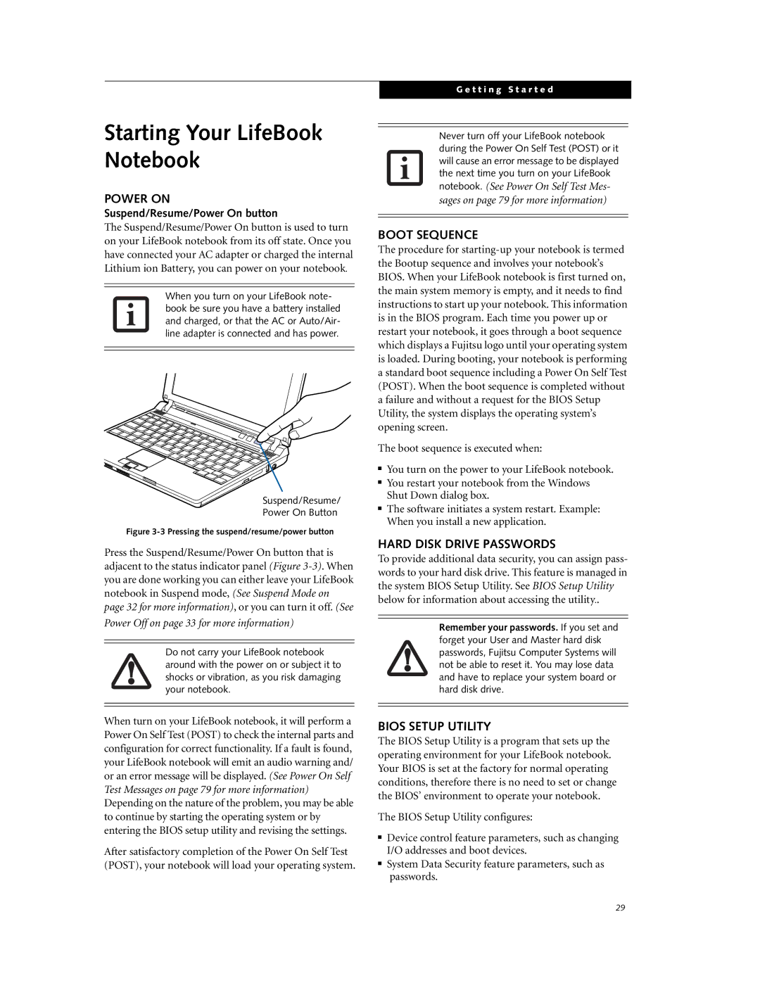 Fujitsu P7230 Starting Your LifeBook Notebook, Power on, Boot Sequence, Hard Disk Drive Passwords, Bios Setup Utility 