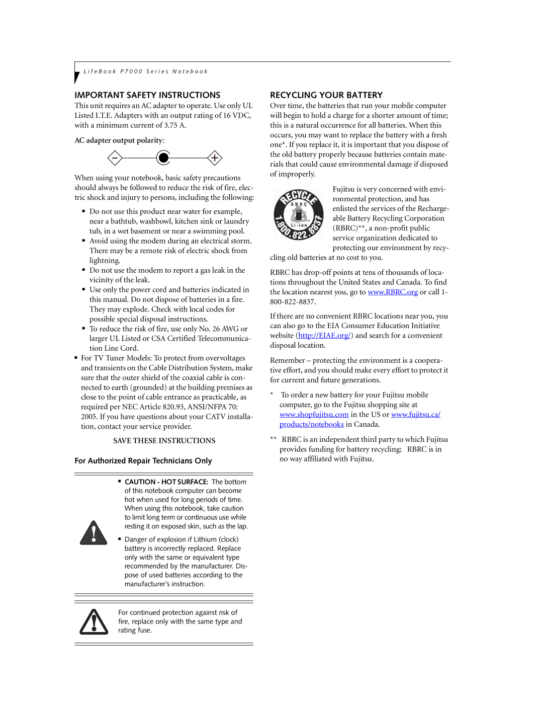 Fujitsu P7230 manual Important Safety Instructions, Recycling Your Battery, AC adapter output polarity 