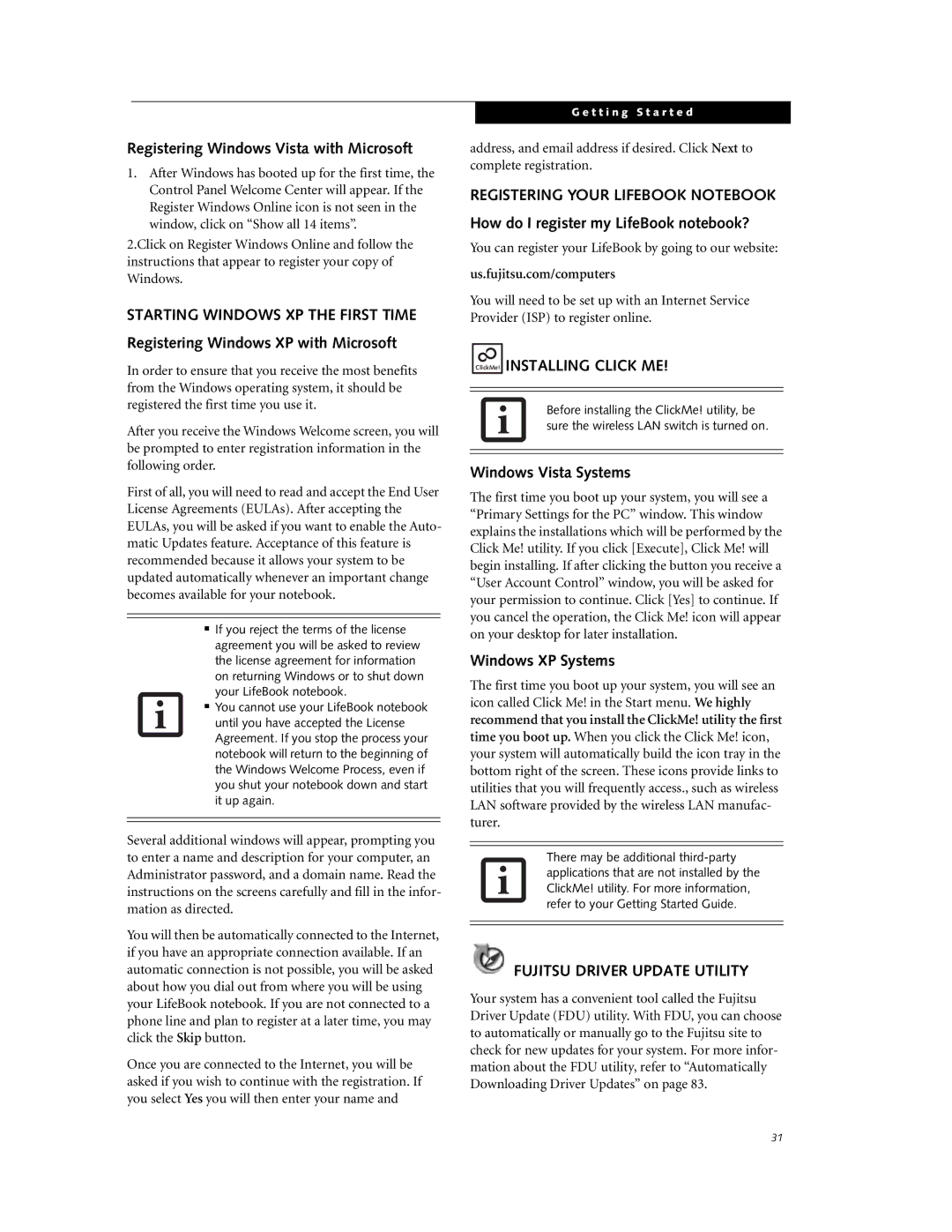 Fujitsu P7230 manual Starting Windows XP the First Time, Registering Your Lifebook Notebook, Fujitsu Driver Update Utility 