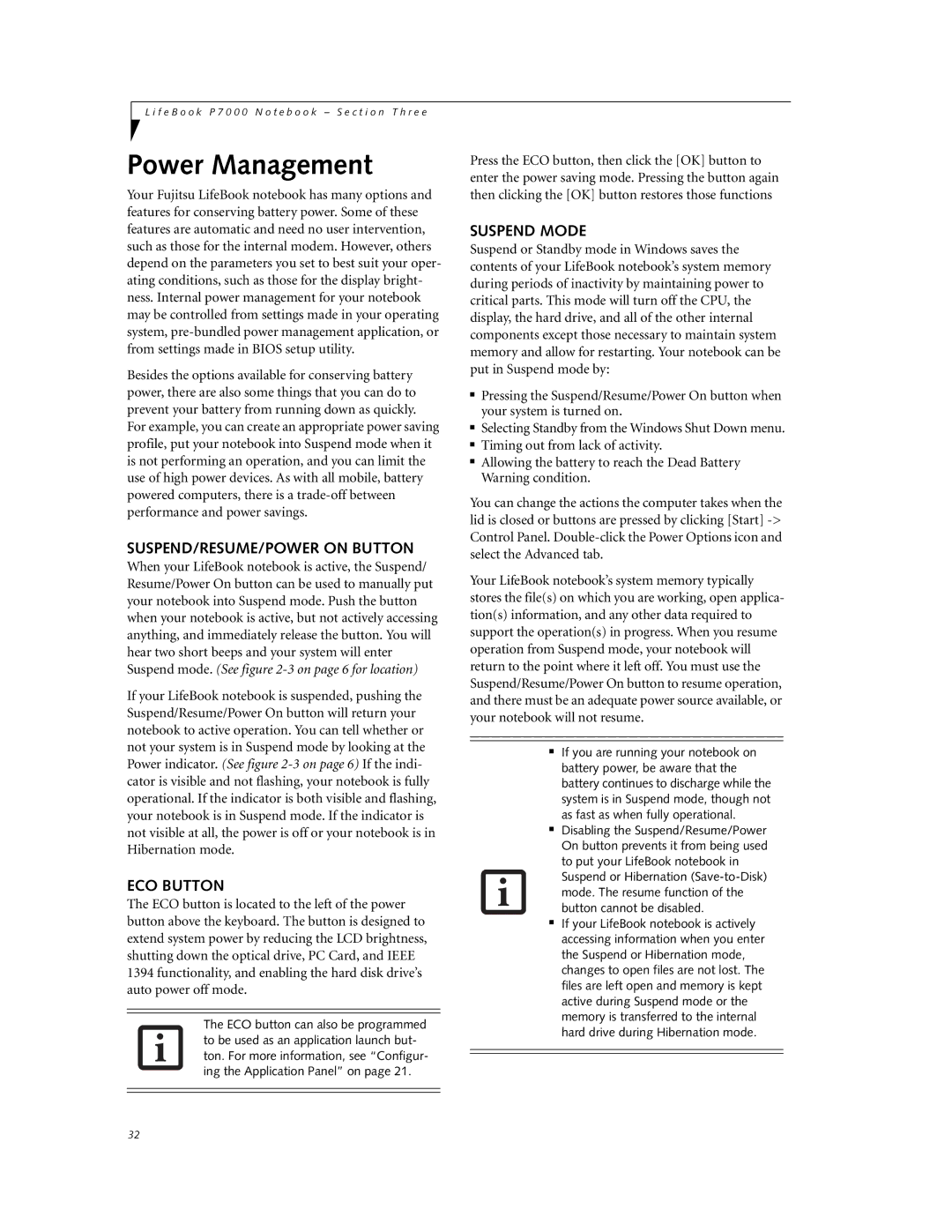Fujitsu P7230 manual Power Management, SUSPEND/RESUME/POWER on Button, ECO Button, Suspend Mode 