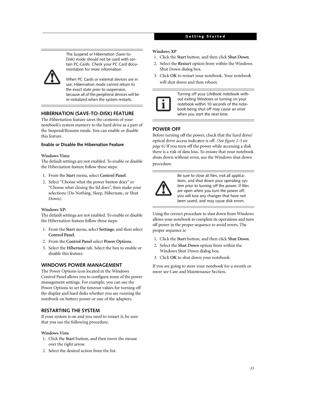 Fujitsu P7230 manual Hibernation SAVE-TO-DISK Feature, Windows Power Management, Restarting the System, Power OFF 