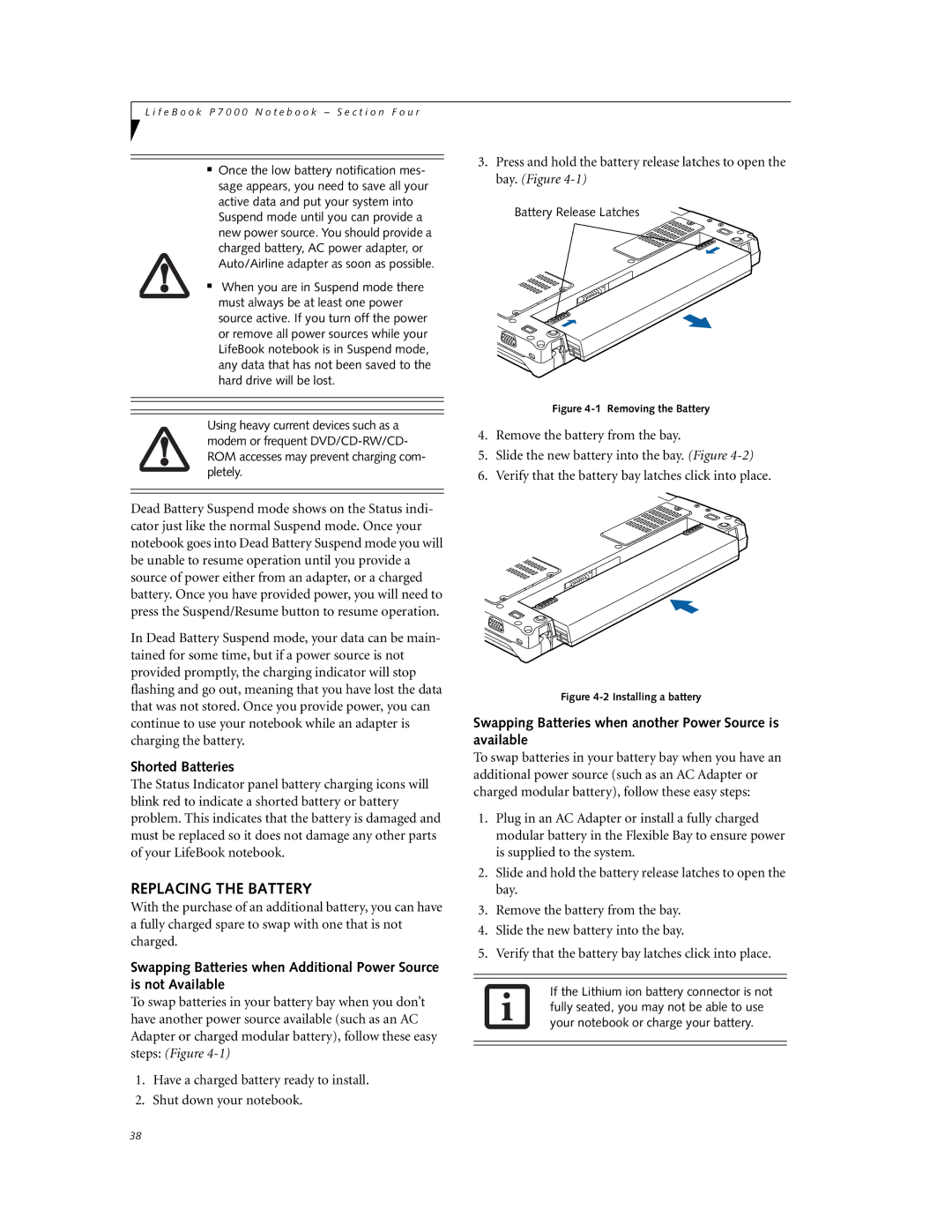 Fujitsu P7230 manual Replacing the Battery, Shorted Batteries, Swapping Batteries when another Power Source is available 