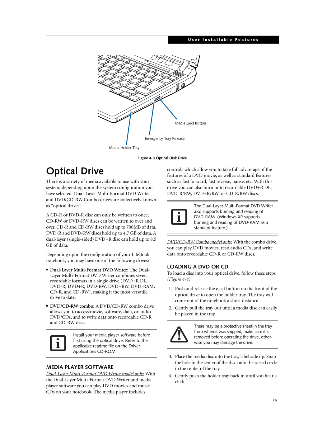 Fujitsu P7230 manual Optical Drive, Media Player Software, Loading a DVD or CD 