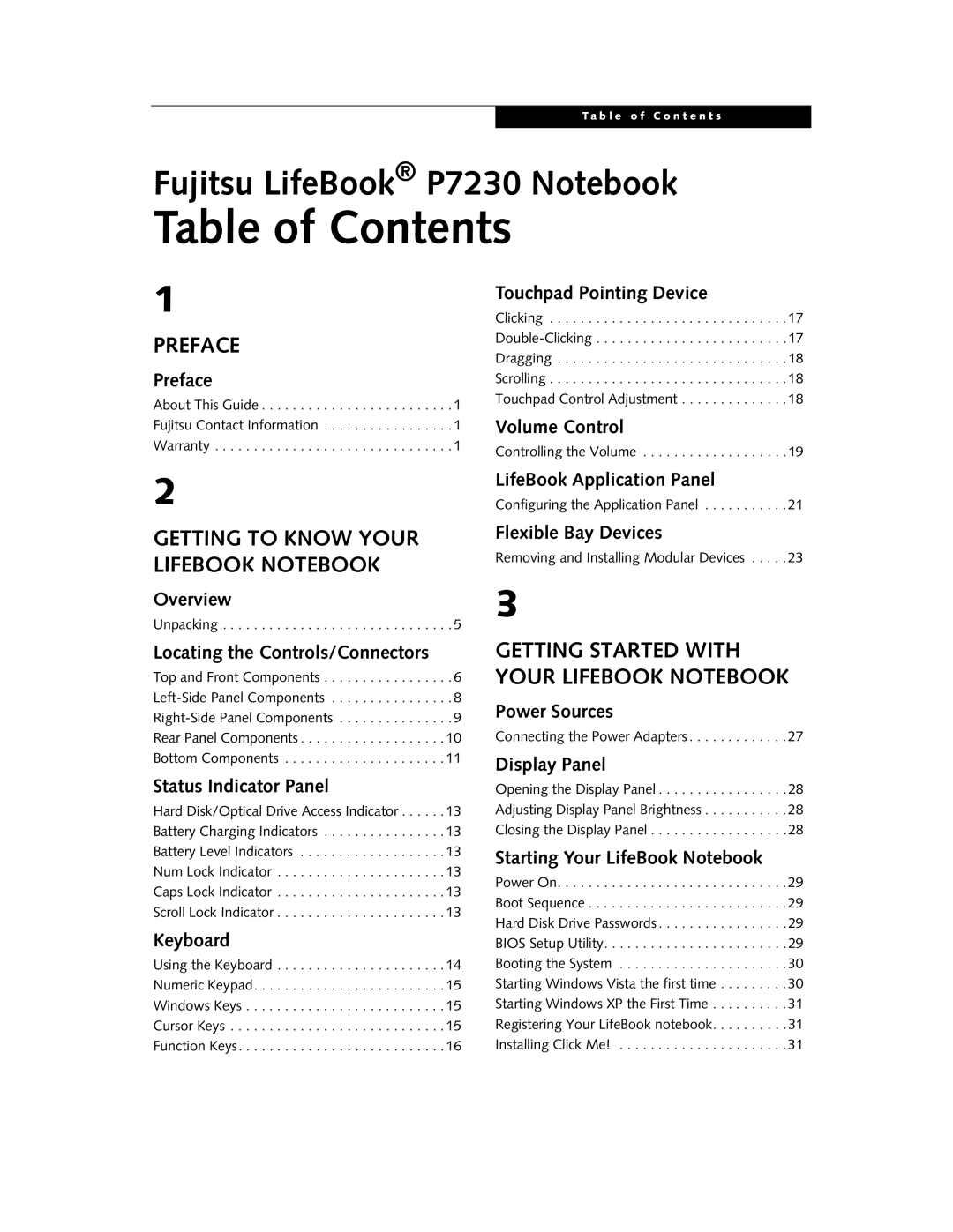 Fujitsu P7230 manual Table of Contents 