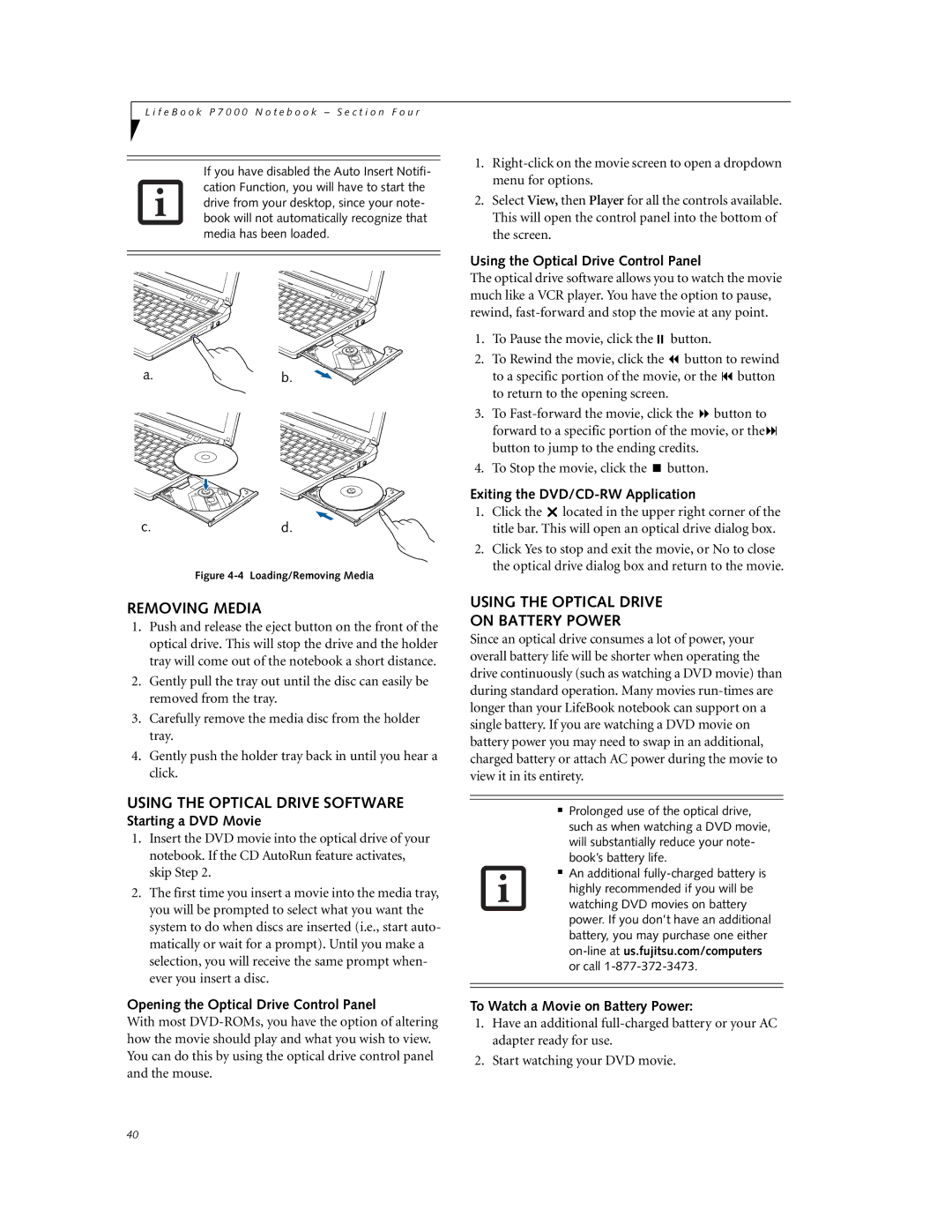 Fujitsu P7230 manual Removing Media, Using the Optical Drive Software, Using the Optical Drive On Battery Power 