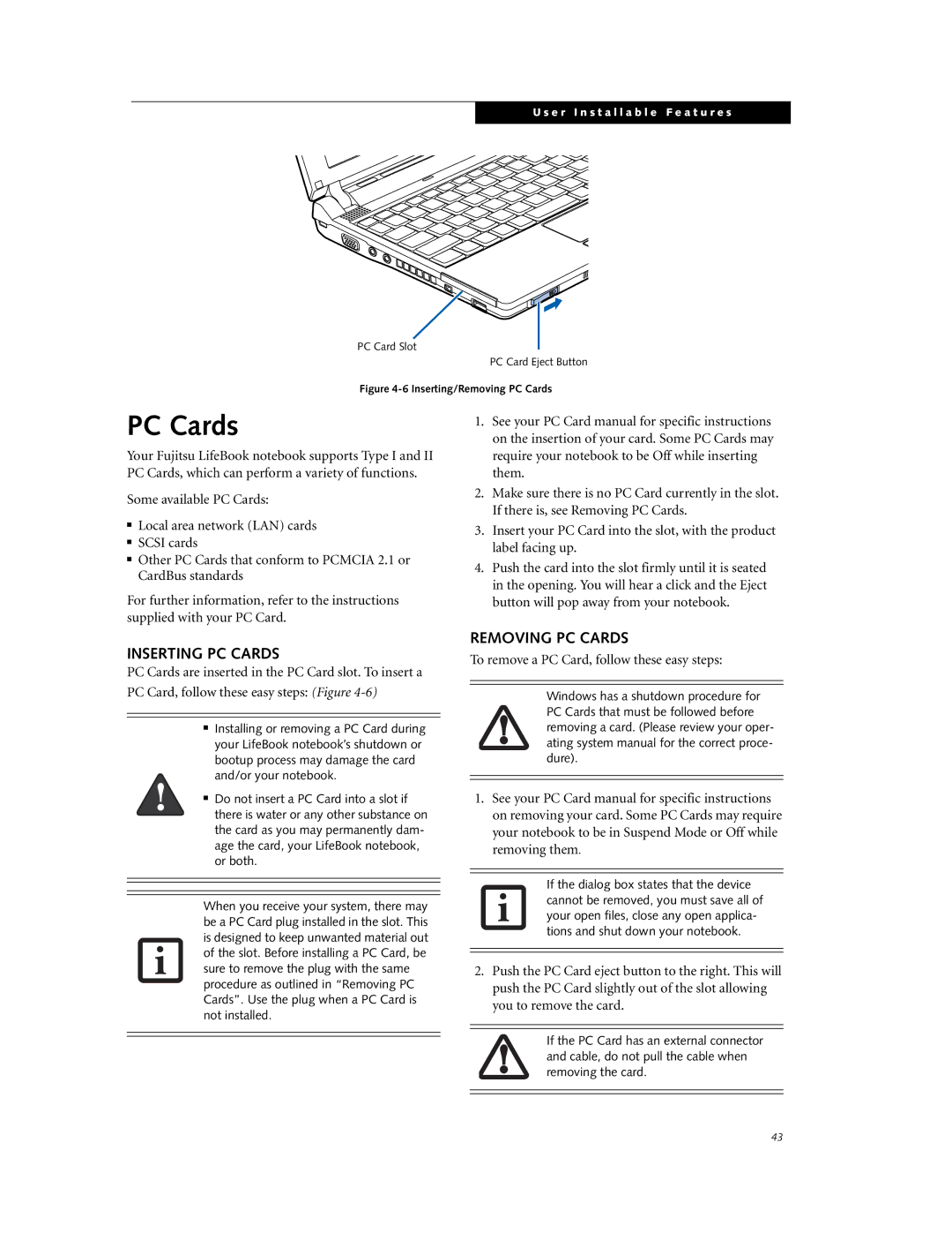 Fujitsu P7230 manual Inserting PC Cards, Removing PC Cards, To remove a PC Card, follow these easy steps 