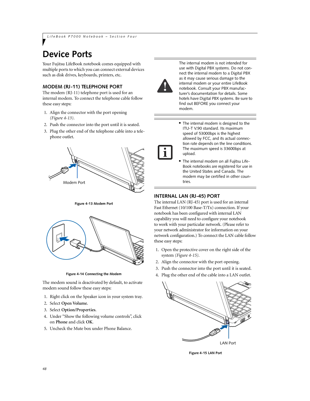 Fujitsu P7230 manual Device Ports, Modem RJ-11 Telephone Port, Internal LAN RJ-45 Port 