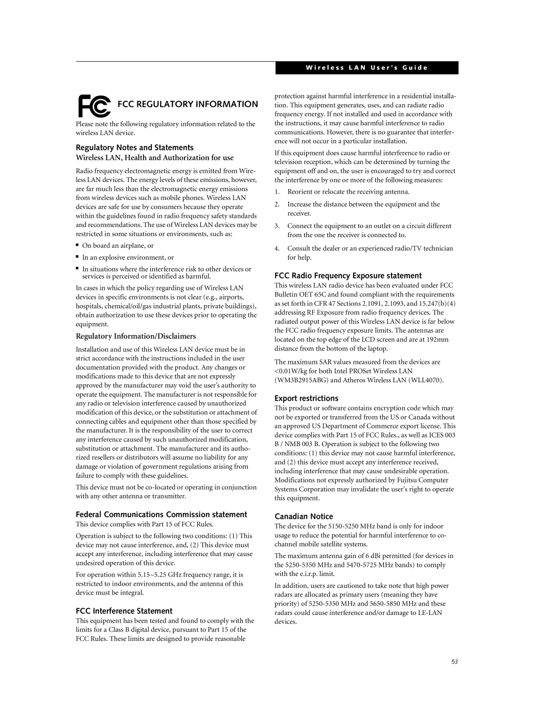 Fujitsu P7230 manual FCC Regulatory Information 