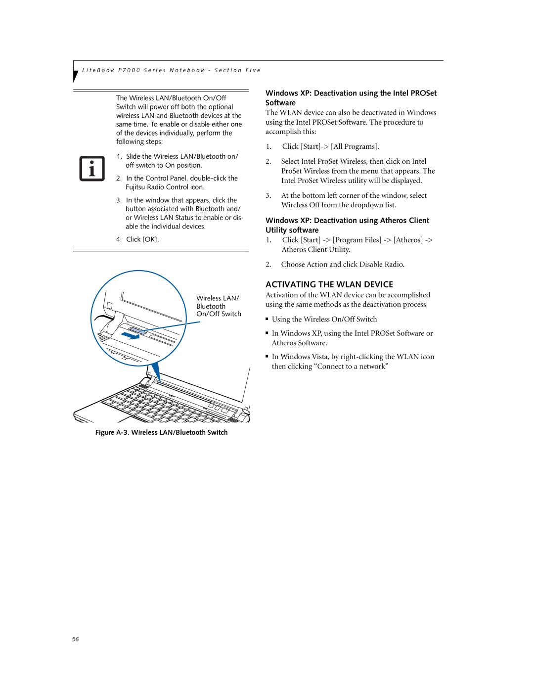 Fujitsu P7230 manual Activating the Wlan Device, Windows XP Deactivation using the Intel PROSet Software 