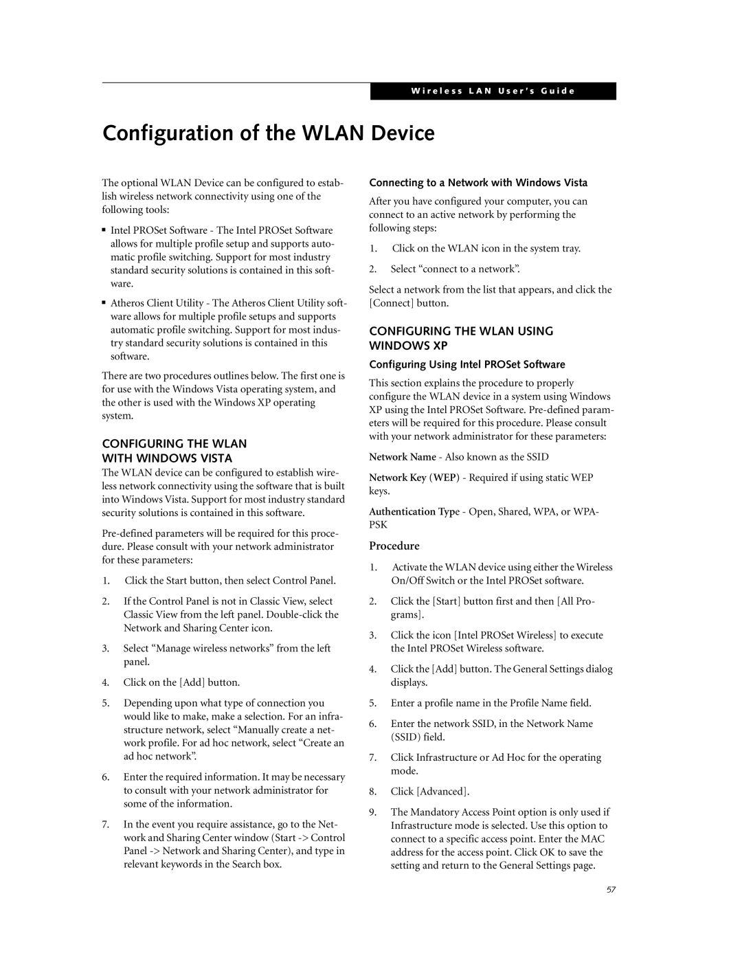 Fujitsu P7230 manual Configuration of the Wlan Device, Configuring the Wlan With Windows Vista 