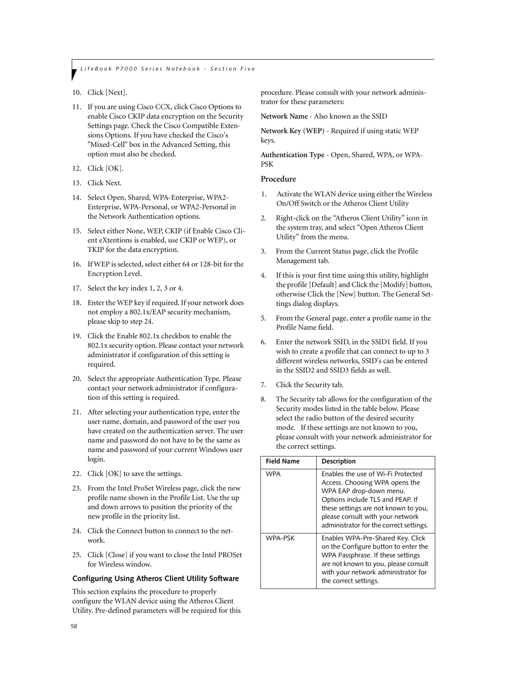 Fujitsu P7230 manual Click Next, Configuring Using Atheros Client Utility Software 