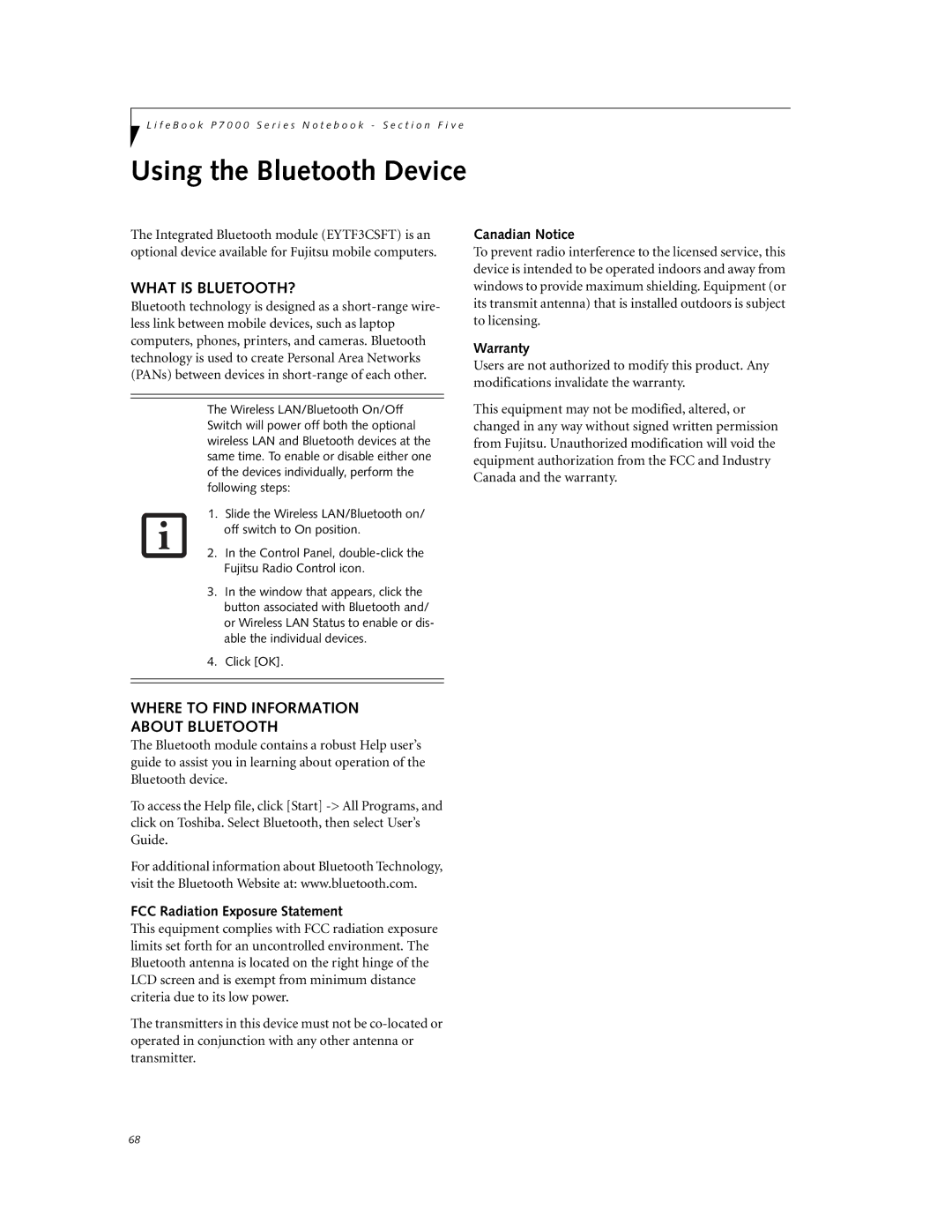 Fujitsu P7230 manual Using the Bluetooth Device, What is BLUETOOTH?, Where to Find Information About Bluetooth, Warranty 