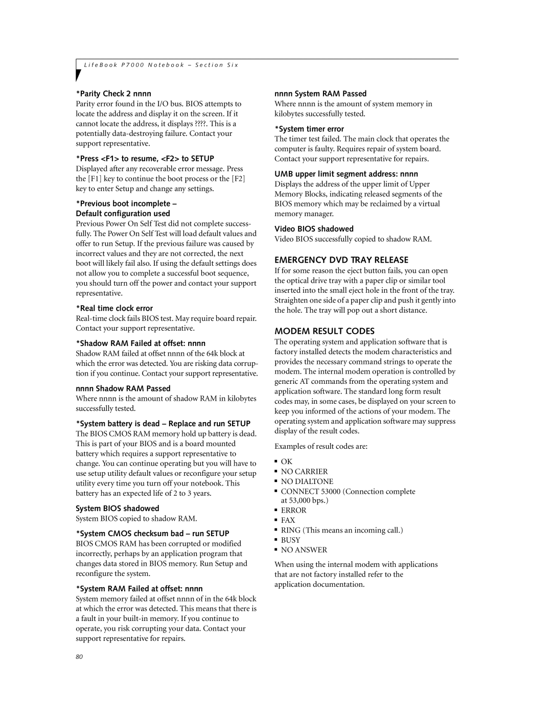 Fujitsu P7230 manual Emergency DVD Tray Release, Modem Result Codes 