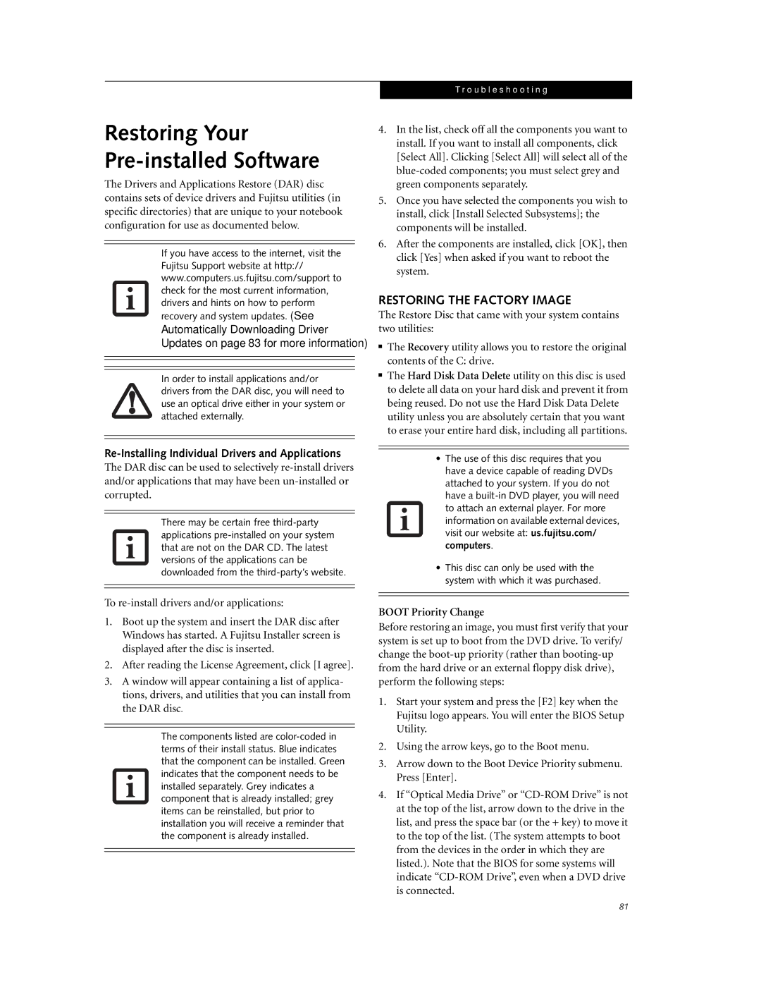 Fujitsu P7230 manual Restoring the Factory Image, Re-Installing Individual Drivers and Applications, Boot Priority Change 