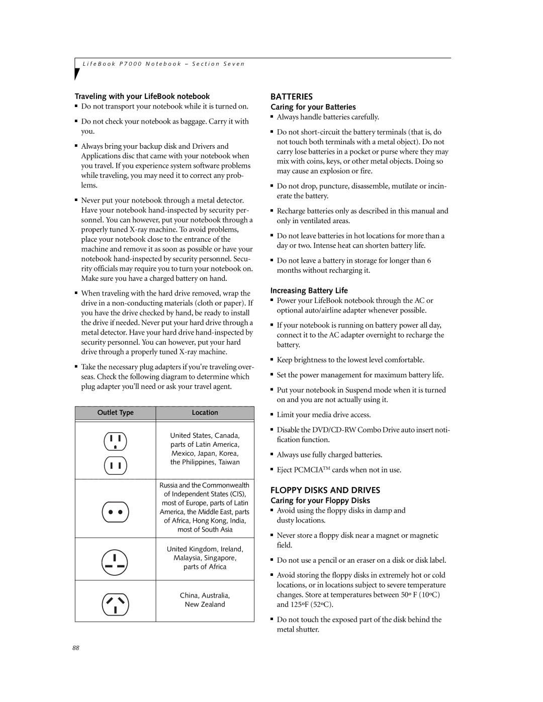 Fujitsu P7230 manual Batteries, Floppy Disks and Drives 