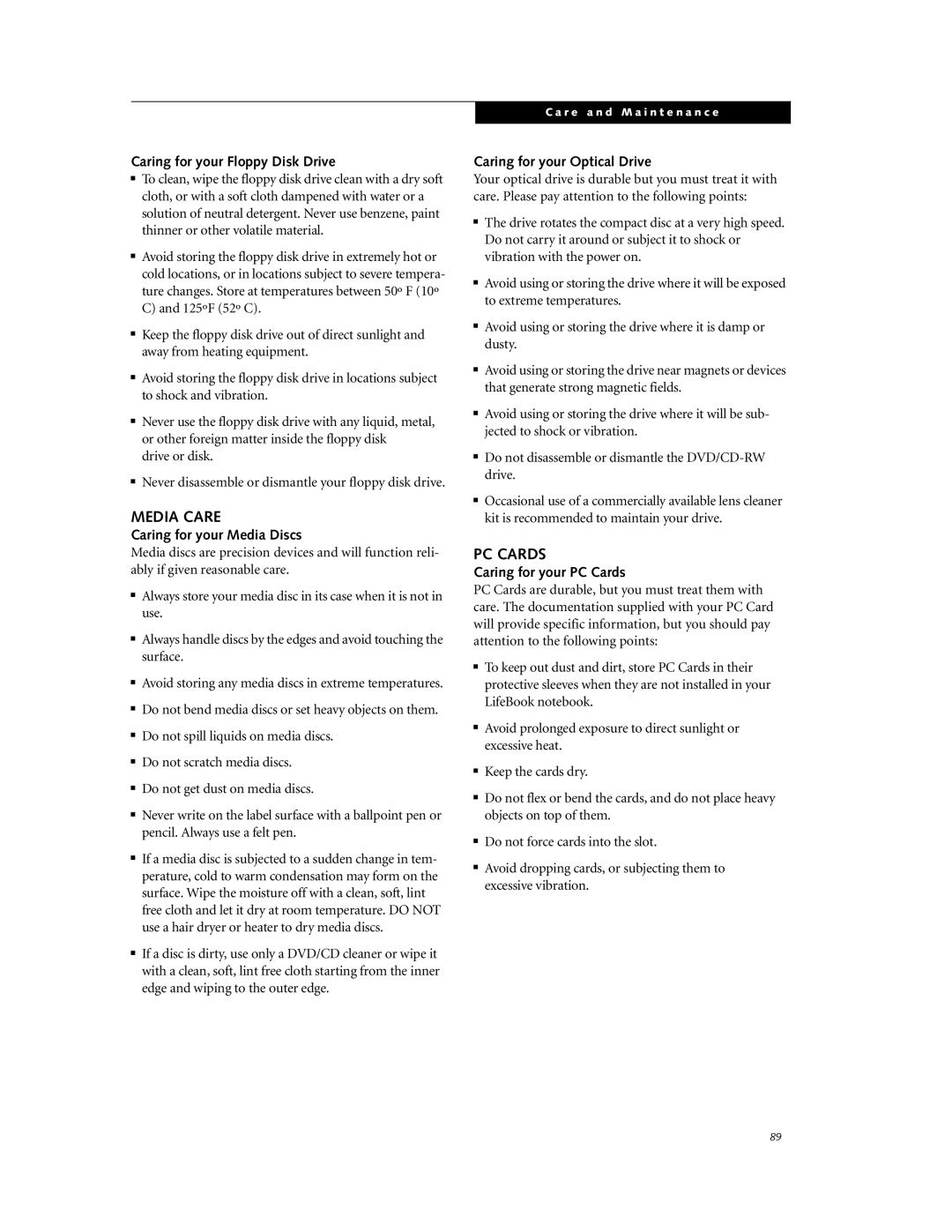 Fujitsu P7230 manual Media Care, PC Cards 