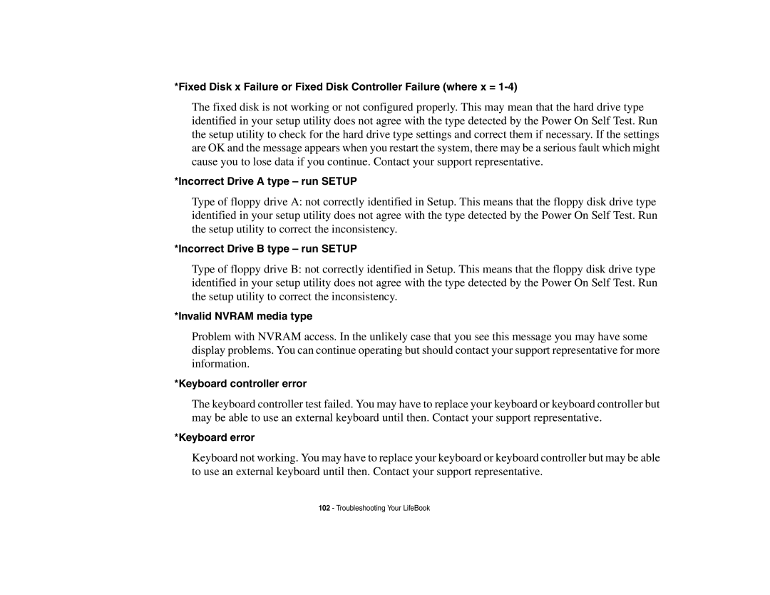 Fujitsu P8010 Incorrect Drive a type run Setup, Incorrect Drive B type run Setup, Invalid Nvram media type, Keyboard error 