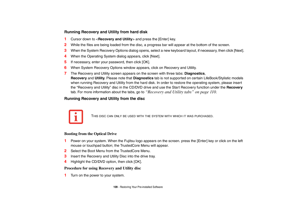 Fujitsu P8010 manual Running Recovery and Utility from hard disk, Running Recovery and Utility from the disc 