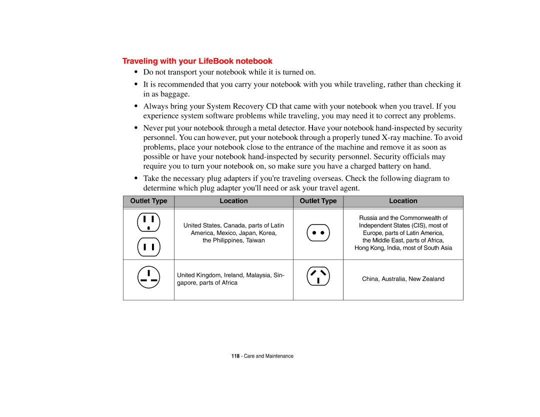 Fujitsu P8010 manual Traveling with your LifeBook notebook, Outlet Type Location 