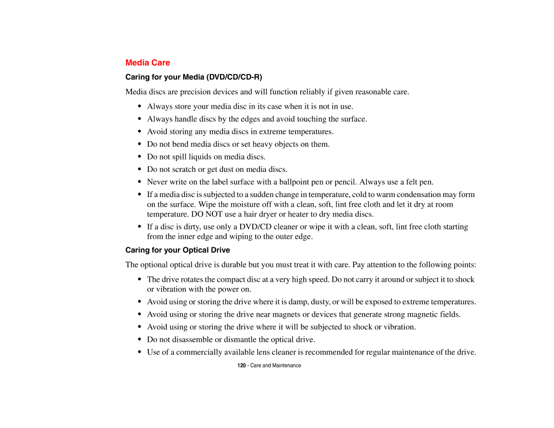 Fujitsu P8010 manual Media Care, Caring for your Media DVD/CD/CD-R, Caring for your Optical Drive 