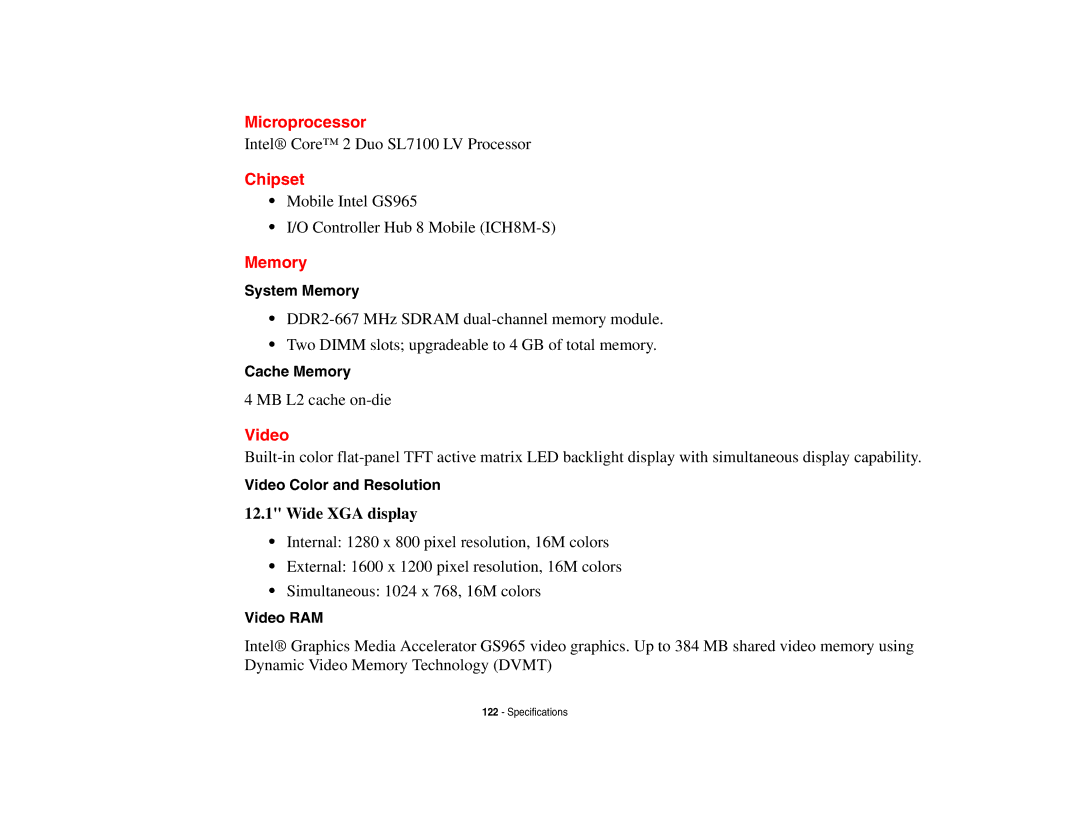 Fujitsu P8010 manual Microprocessor, Chipset, Memory, Video 