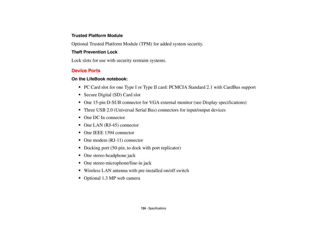Fujitsu P8010 manual Device Ports, Trusted Platform Module, Theft Prevention Lock, On the LifeBook notebook 