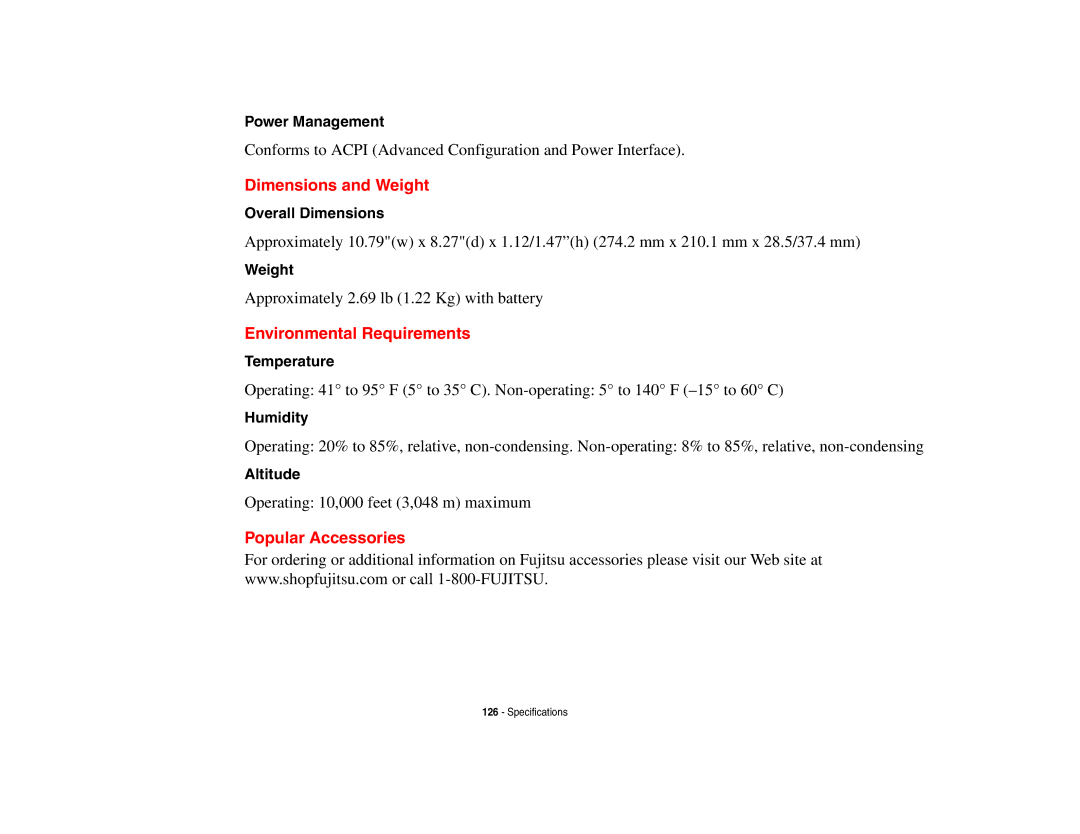 Fujitsu P8010 manual Dimensions and Weight, Environmental Requirements, Popular Accessories 