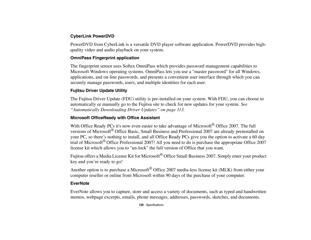 Fujitsu P8010 manual CyberLink PowerDVD, OmniPass Fingerprint application, Fujitsu Driver Update Utility, EverNote 
