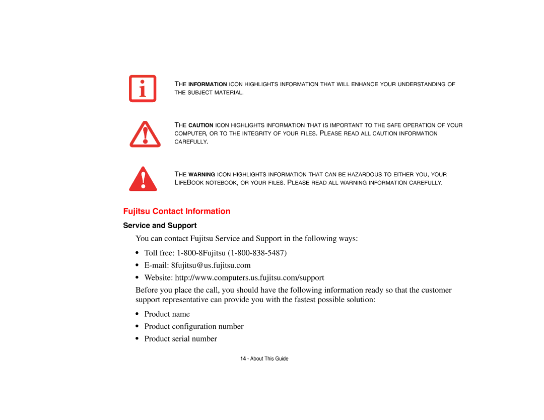 Fujitsu P8010 manual Fujitsu Contact Information, Service and Support 