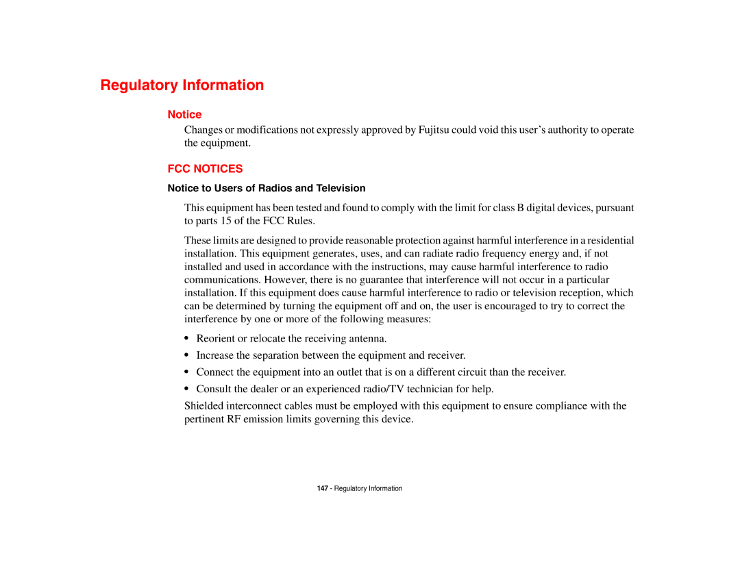 Fujitsu P8010 manual Regulatory Information, FCC Notices 