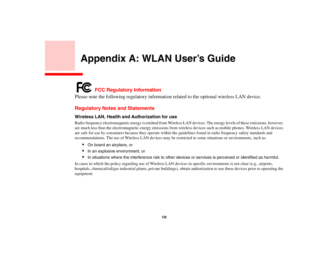 Fujitsu P8010 manual Appendix a Wlan User’s Guide, FCC Regulatory Information, Regulatory Notes and Statements 