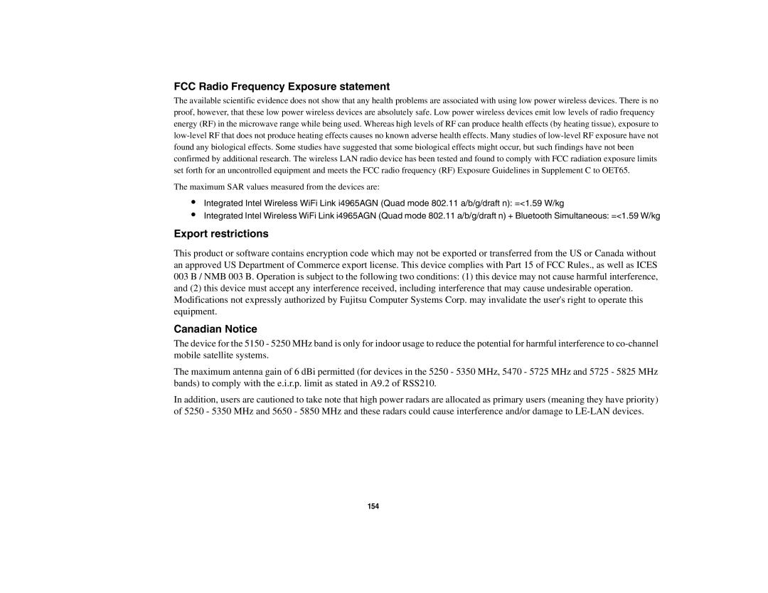 Fujitsu P8010 manual FCC Radio Frequency Exposure statement, Export restrictions, Canadian Notice 